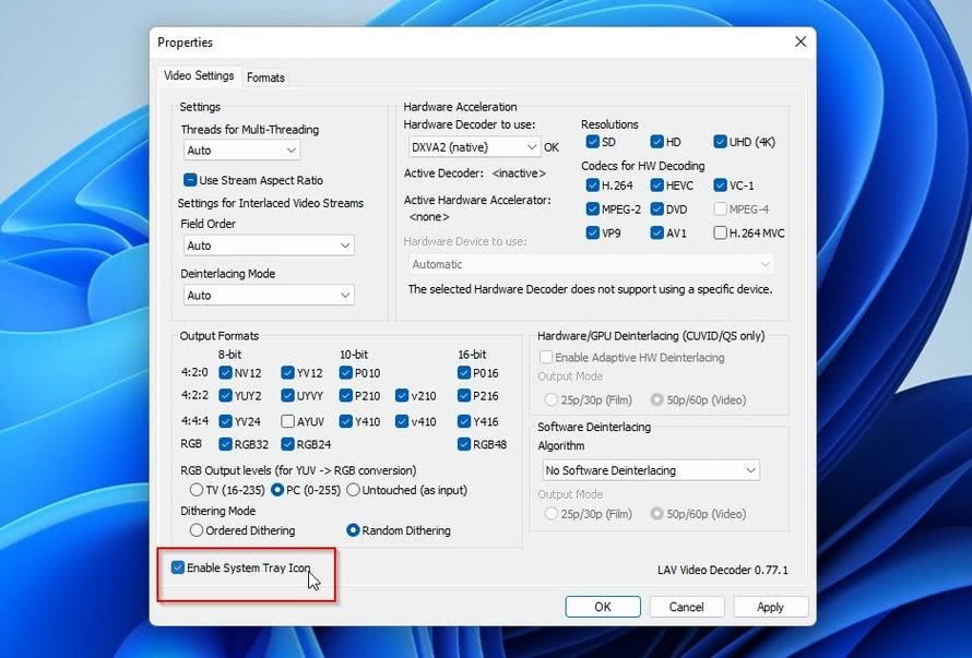 Опция Enable System Tray Icon для видеодекодера LAV