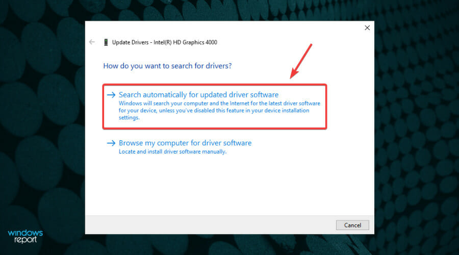 Выбор автоматического поиска обновлений драйвера