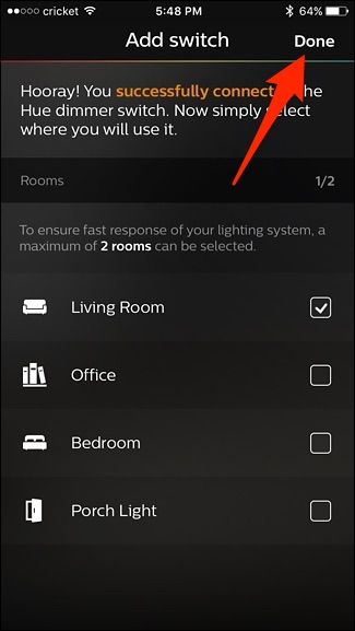 Привязанный Hue Dimmer Switch и выбор комнаты управления