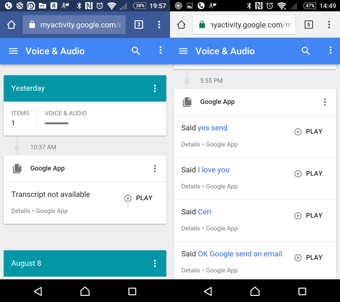 История голосовых команд OK Google в учётной записи