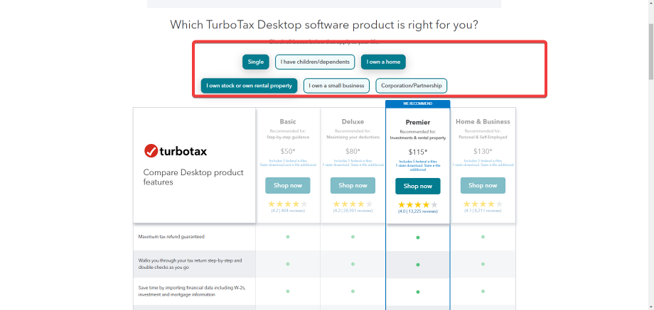 Страница выбора продукта TurboTax с вариантами и ценами