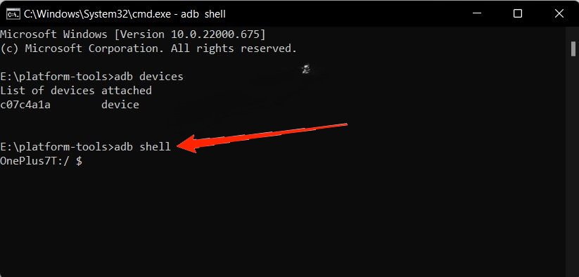 명령 프롬프트에서 adb shell 실행 예시