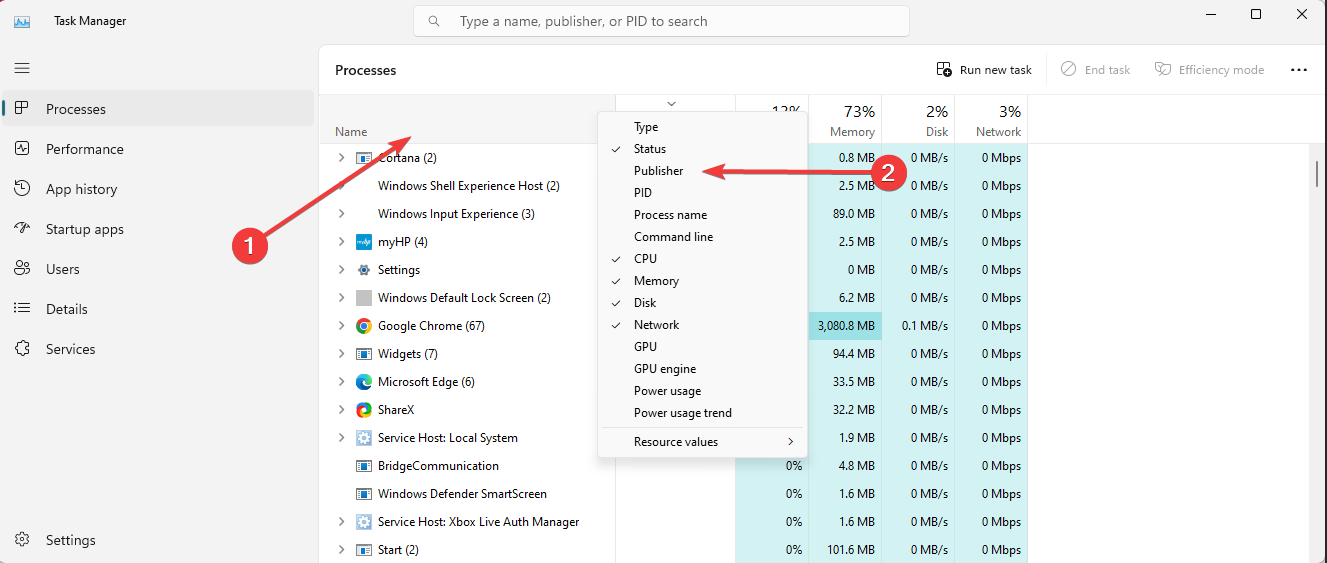 Добавление столбца Publisher в Диспетчере задач