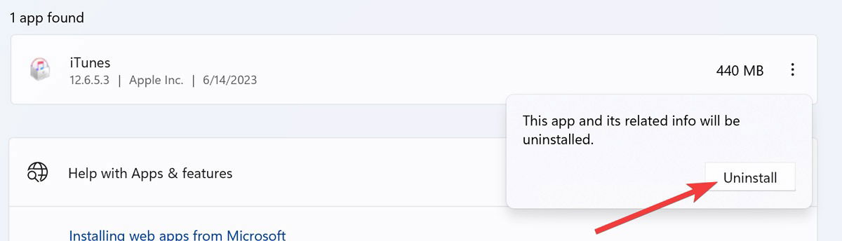 Кнопка удаления приложения в Windows