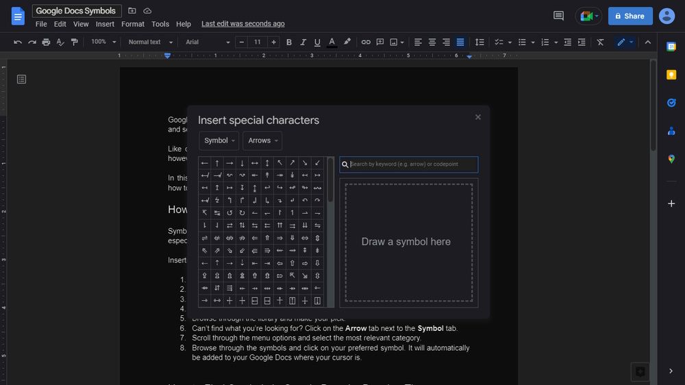 Окно 'Специальные символы' в Google Документы с табами символов и стрелок