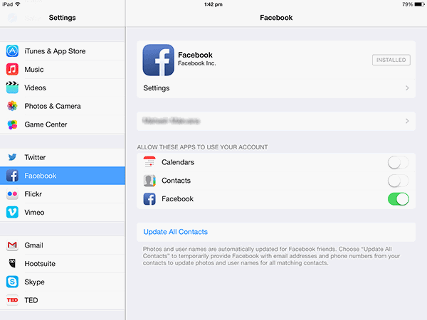 Параметры Facebook в iOS