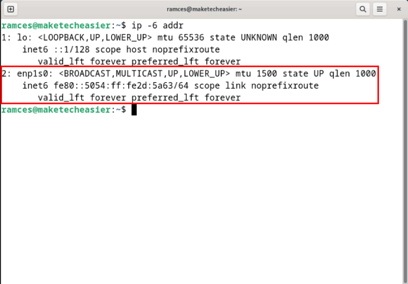 Терминал: подсветка интерфейса с IPv6 в Debian.