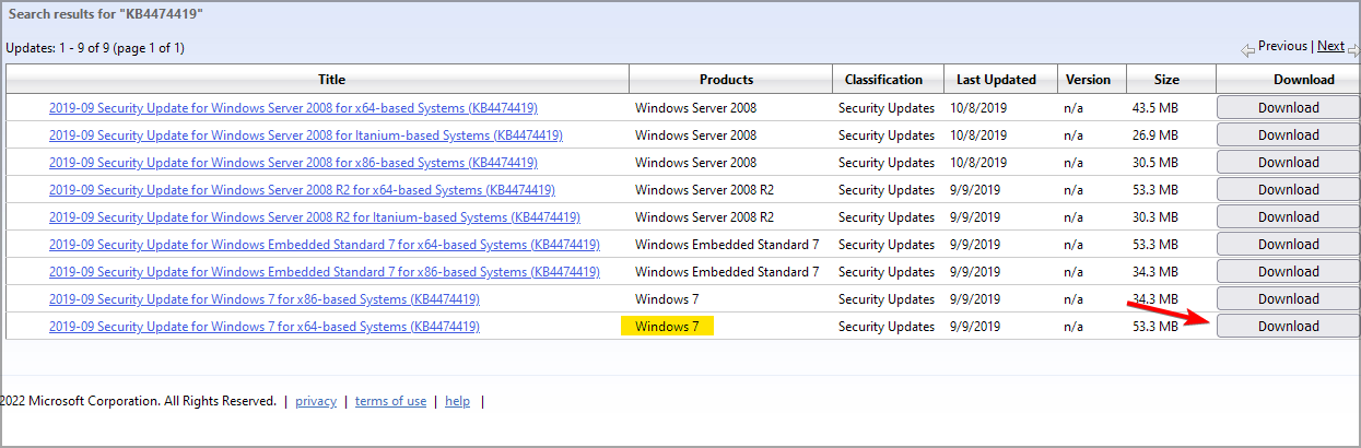 Результаты поиска в каталоге обновлений: выбор нужной архитектуры и кнопка Download