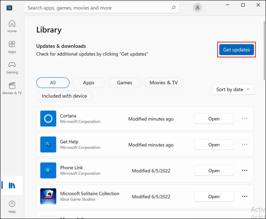 Кнопка «Получить обновления» в Microsoft Store