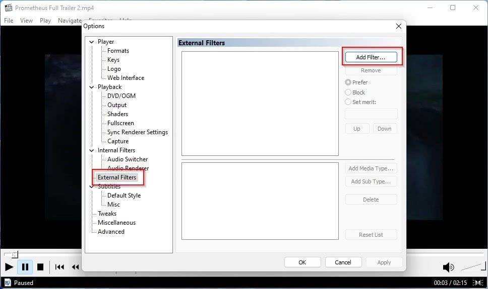 Окно управления внешними фильтрами MPC-HC с кнопкой добавления