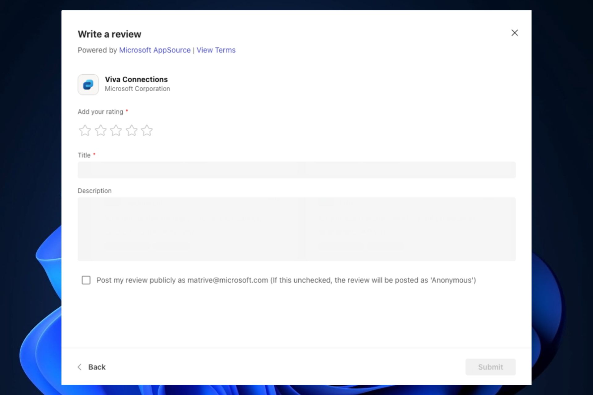 Диалог оценки приложения с выбором звёзд и полем для отзыва