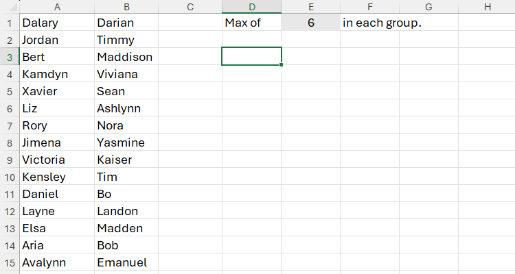 Excel ワークシートの一覧(列 A と列 B に別々の名前リストがある様子)