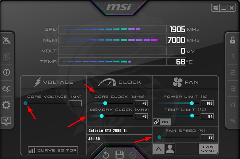 настройки тактовой частоты и напряжения в MSI Afterburner
