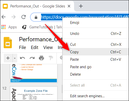 Копирование URL слайда в Google Slides