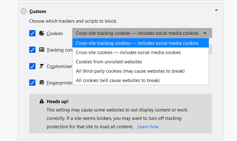 Настройки cookie в Firefox — десктоп