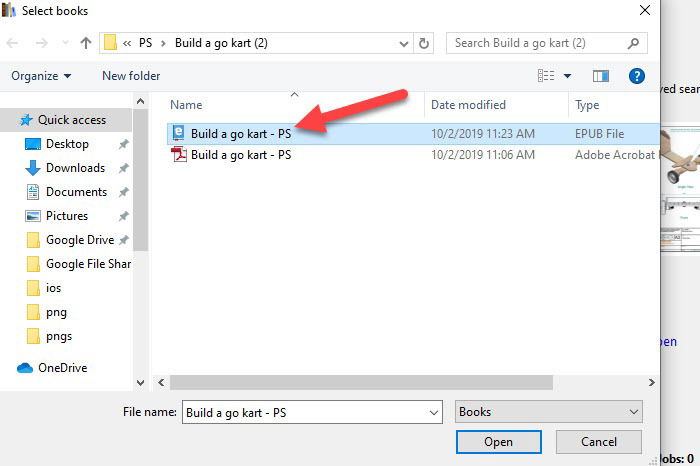 Окно выбора ePub-файла в Calibre