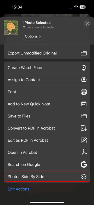Выбор опции ярлыка в меню Поделиться в приложении Фото на iPhone