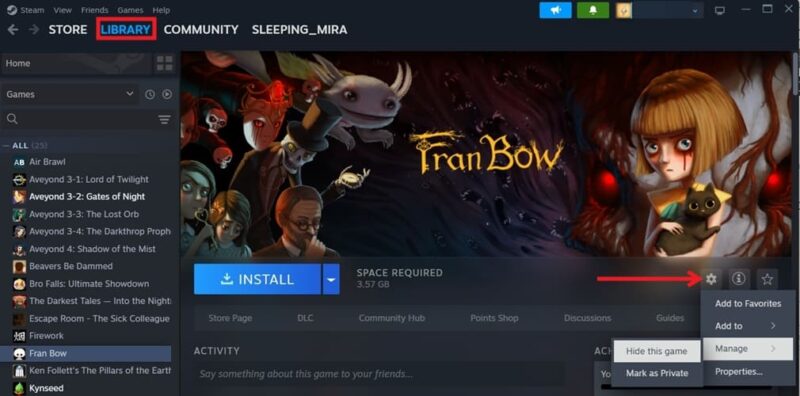 Скрытие игры в библиотеке Steam на настольном клиенте