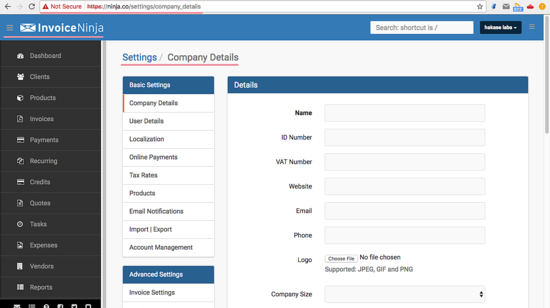 Страница настроек Invoice Ninja