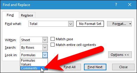Выберите «Комментарии» в списке «Искать в»