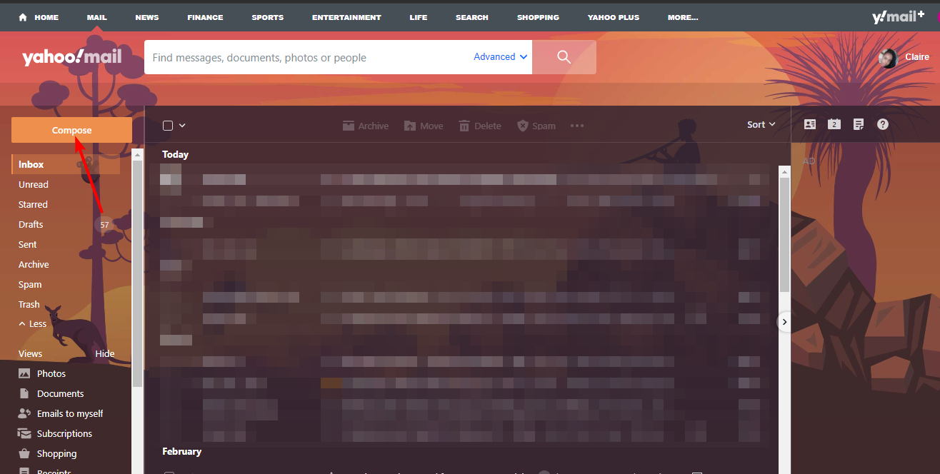 Интерфейс Yahoo Mail: кнопка Создать
