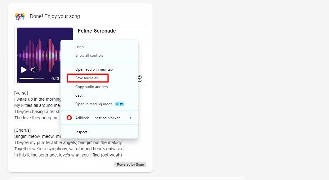 Опция Save Audio As для сохранения трека, сгенерированного Suno