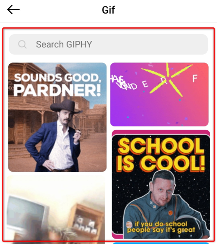 Выбор GIF из результатов поиска GIPHY.