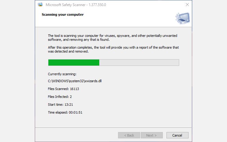 Результаты сканирования на вредоносное ПО в Microsoft Safety Scanner
