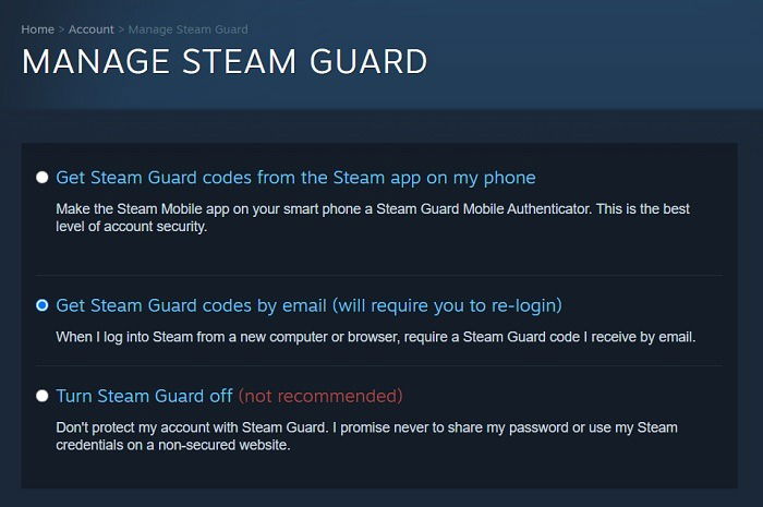 Options Steam Guard