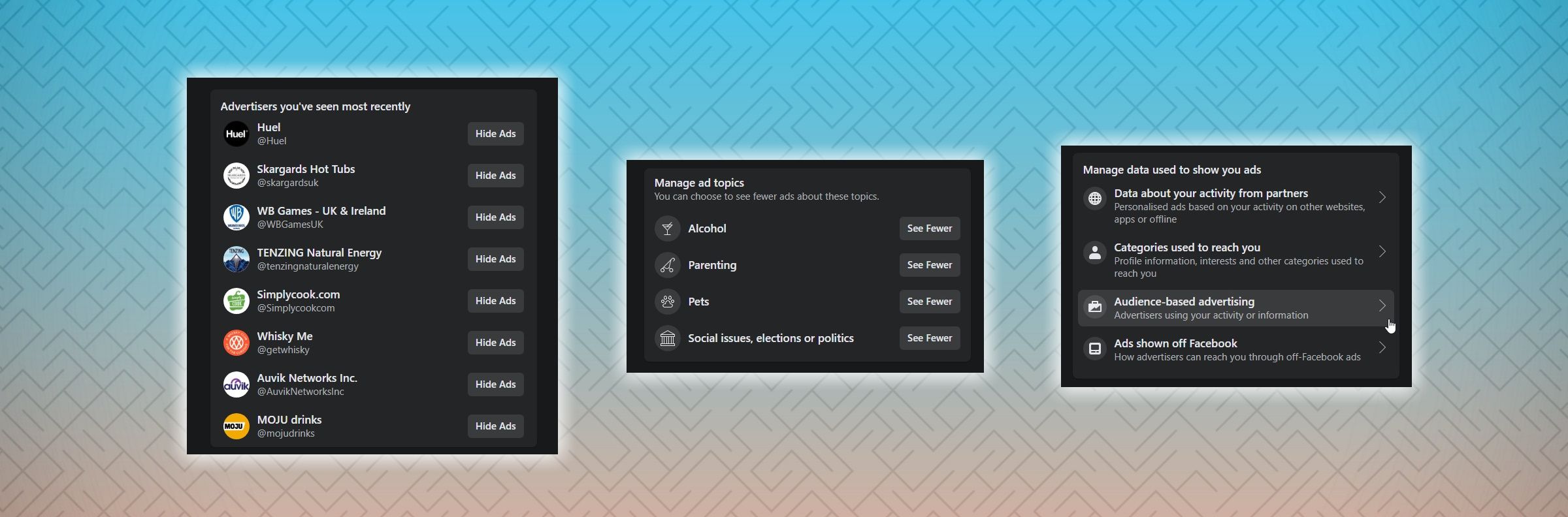 Страница рекламных настроек Facebook 2021 с опциями управления данными