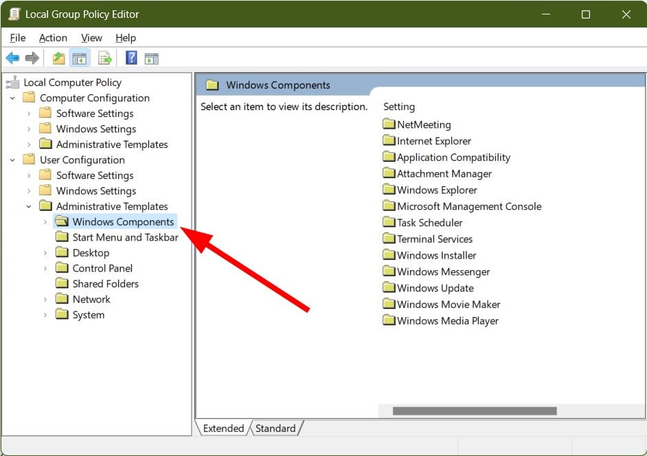 Пункт Windows Components в редакторе групповой политики