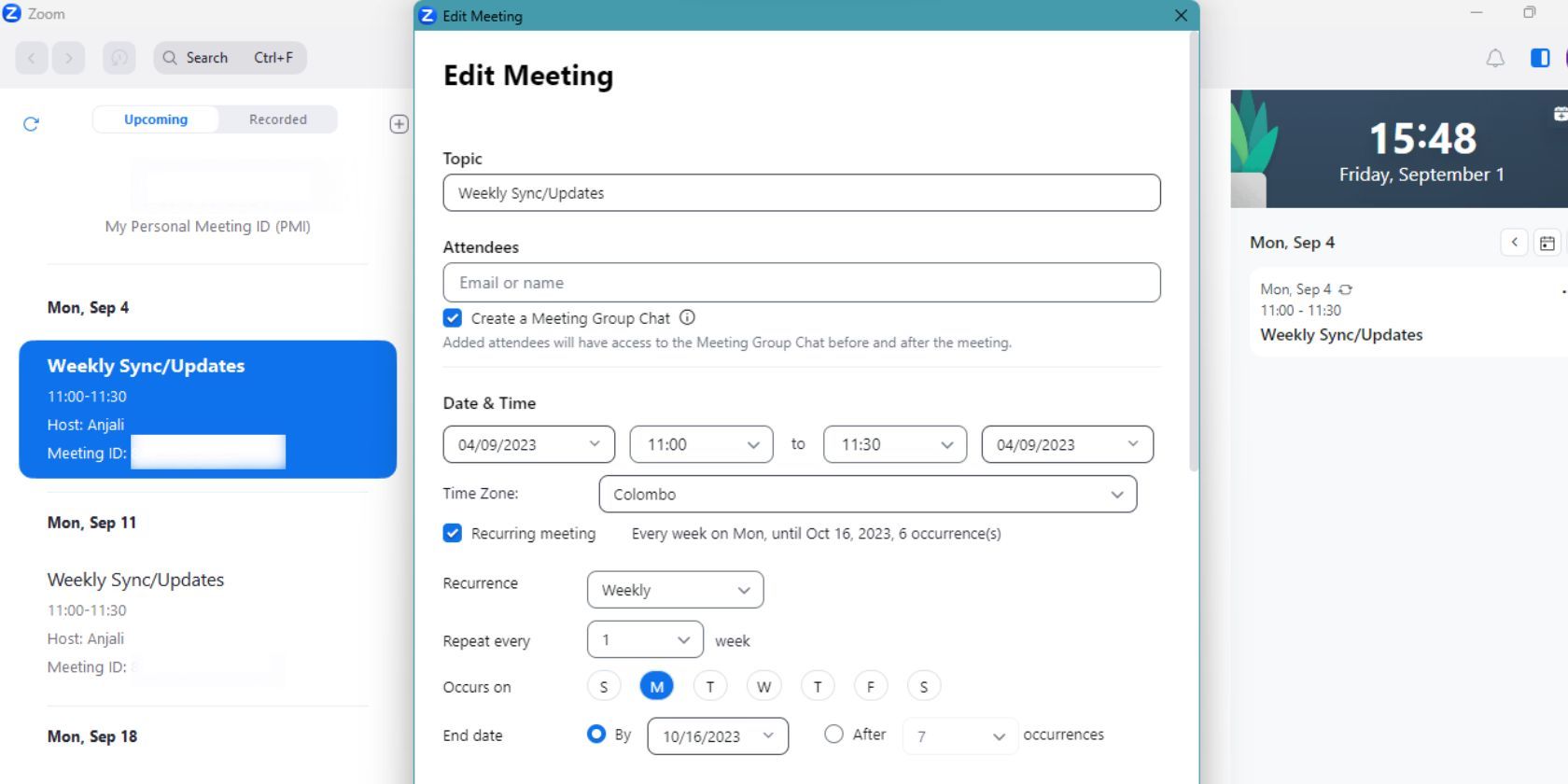 Screenshot of Zoom showing the popup for editing meeting details
