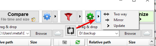 Выбор метода синхронизации в FreeFileSync
