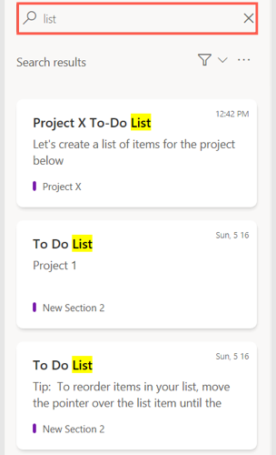 Поиск в ленте OneNote