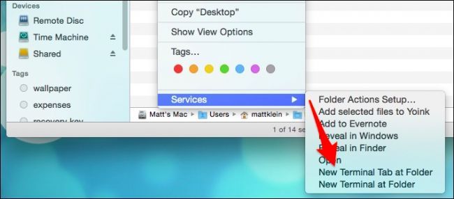 Контекстное меню Finder с пунктом Службы внизу