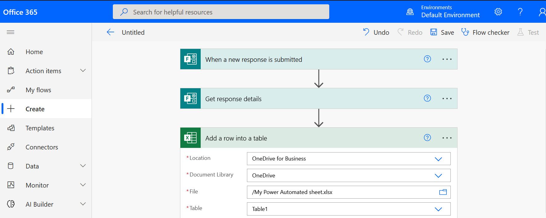 Выбор файла Excel и таблицы в OneDrive для действия 'Add a row'