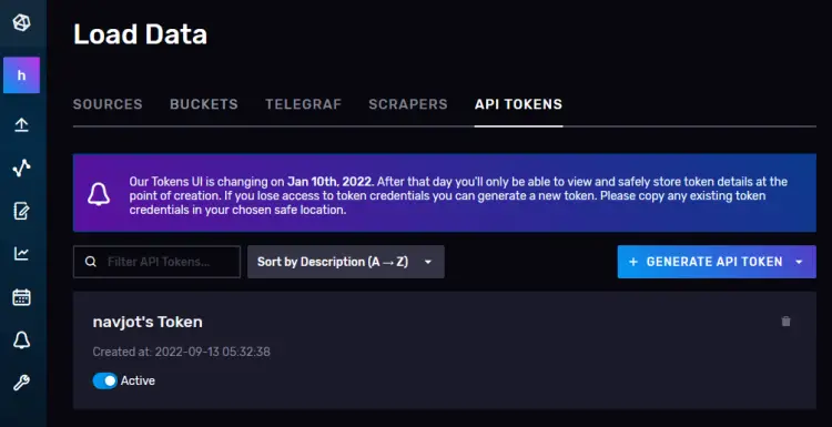 Страница токенов InfluxDB