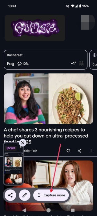 Коснитесь опции Capture mode при создании скриншота на телефоне Google