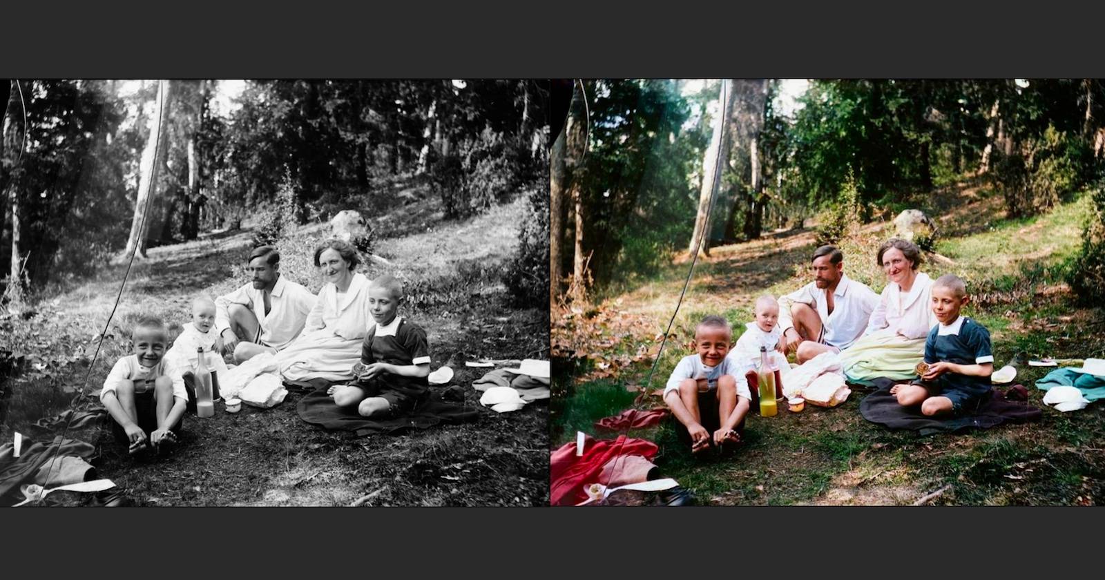 Чёрно‑белая семейная сцена слева и цветная версия справа, раскрашенная Palette.fm