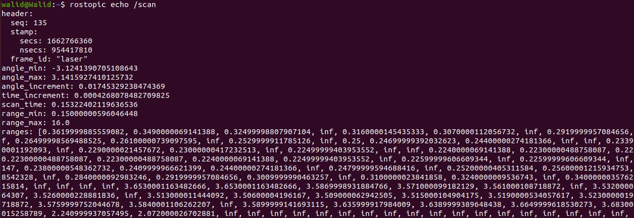 Сырые данные LiDAR, визуализированные через rostopic echo в терминале