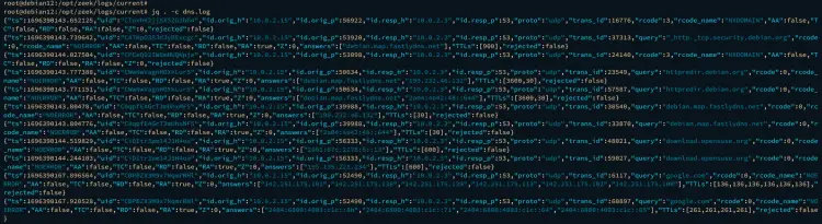 Пример форматированного JSON-лога Zeek и выборки через jq