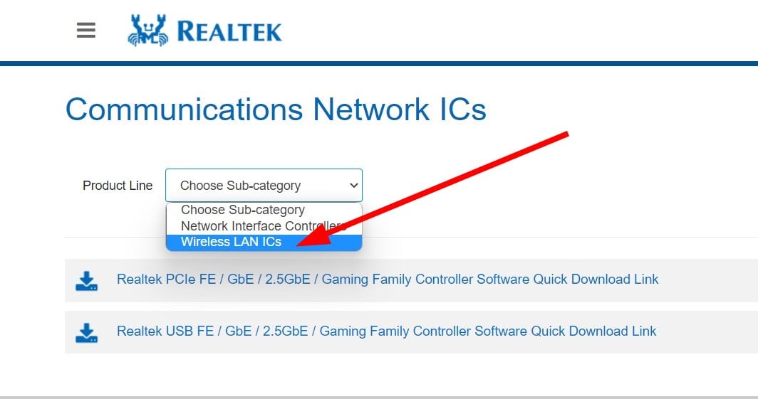 Меню подкатегорий на сайте Realtek