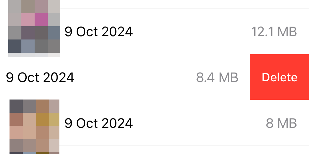 Удаление файла на экране хранилища iPhone для приложения 