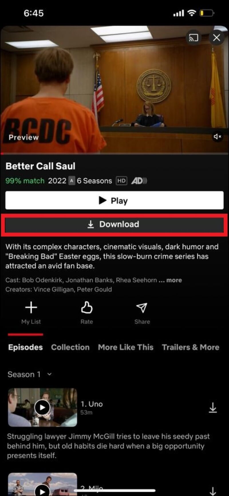 Кнопка загрузки фильма в приложении Netflix на iPhone