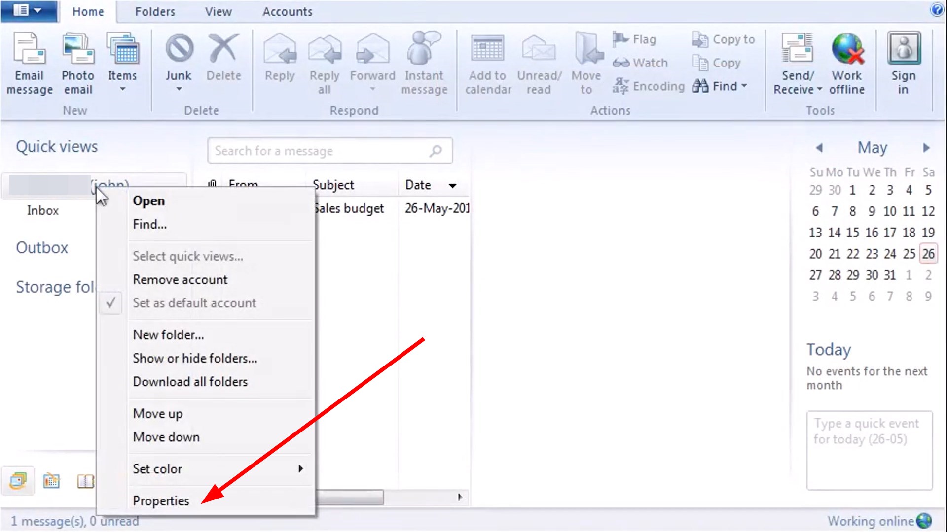 Контекстное меню учётной записи в Windows Live Mail — Свойства