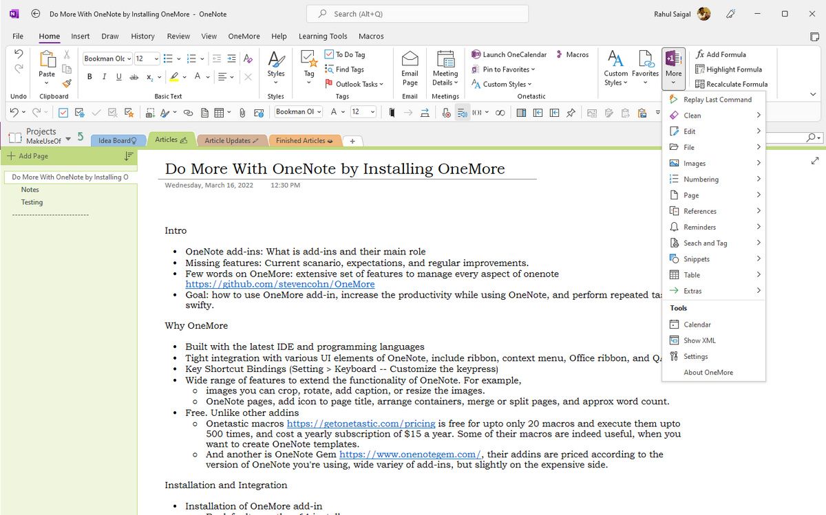 Кнопка More на вкладке Home в OneNote