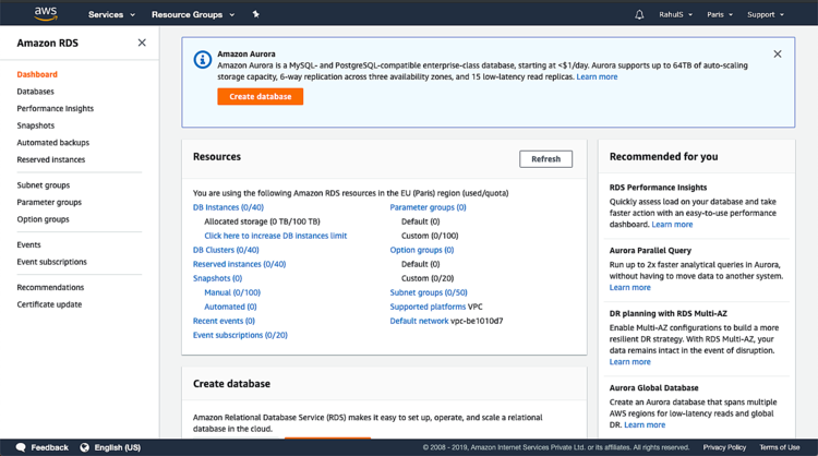 Панель RDS с кнопкой Create database