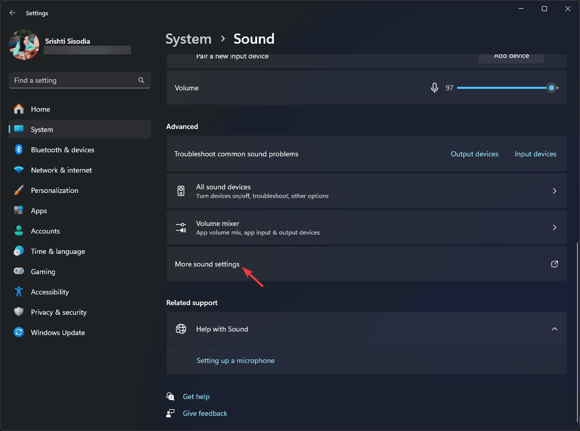 Переход к дополнительным параметрам звука Windows