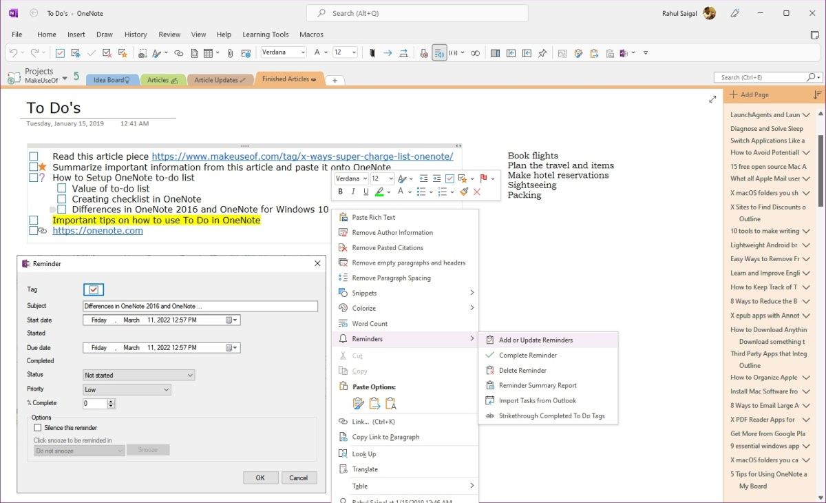 Добавление напоминания к задаче в OneNote