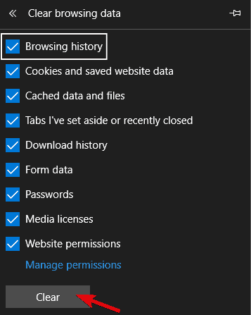 Очистка данных просмотров в Microsoft Edge — диалог удаления